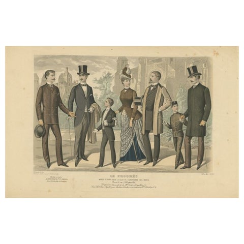 Antique Fashion Print of Gentlemen and Woman in France, 1887