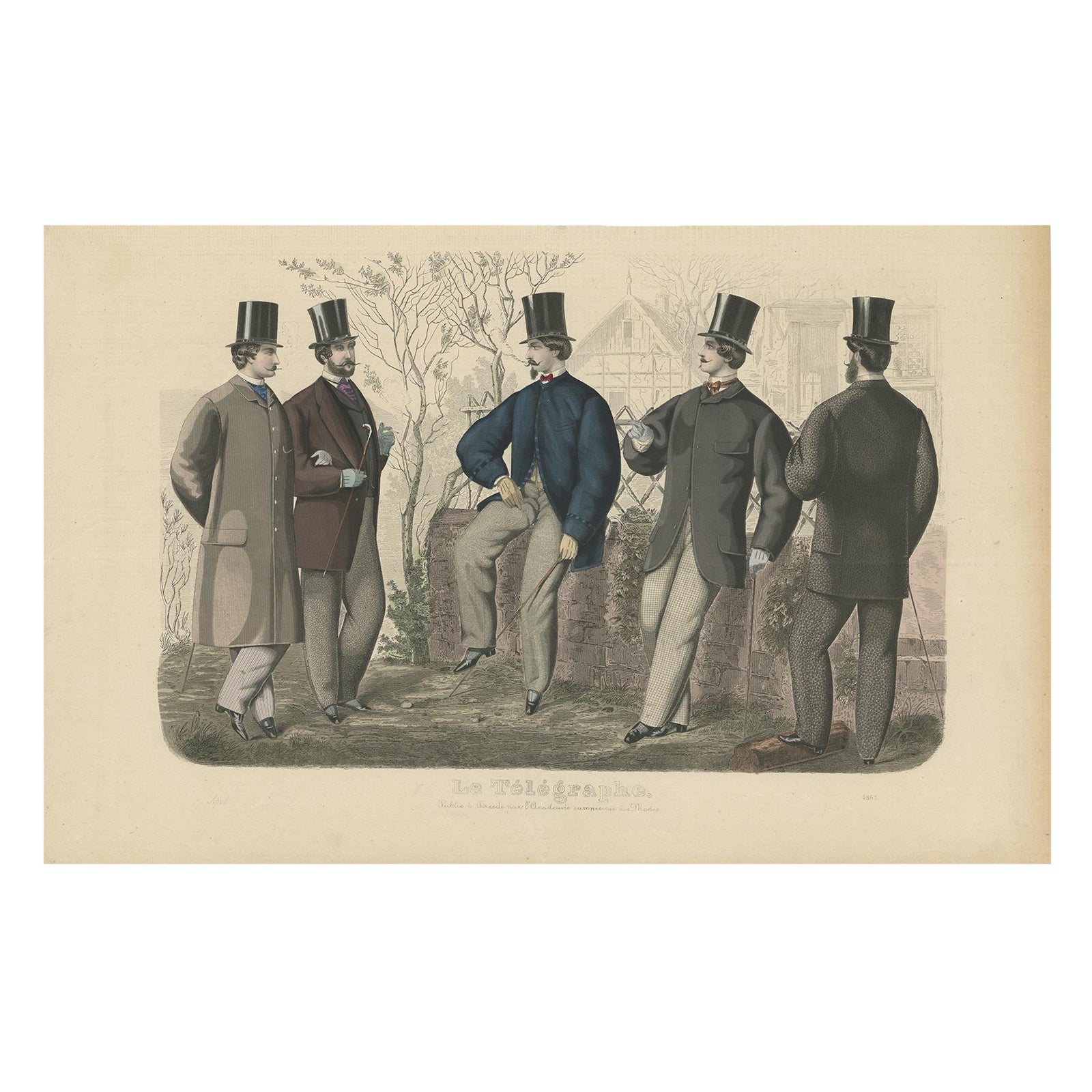Impression de mode ancienne d'hommes et de femmes illustrant les tendances de la mode de 1865