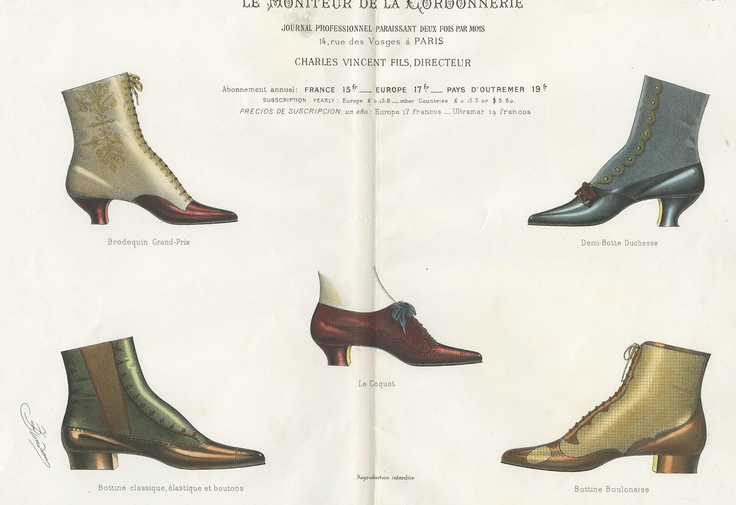 Beautiful hand colored lithograph of various shoe designs. Published in 1890 for 'Le Moniteur de la Cordonnerie', a trade catalogue of Parisian shoe designers/suppliers. Centre fold as issued.
