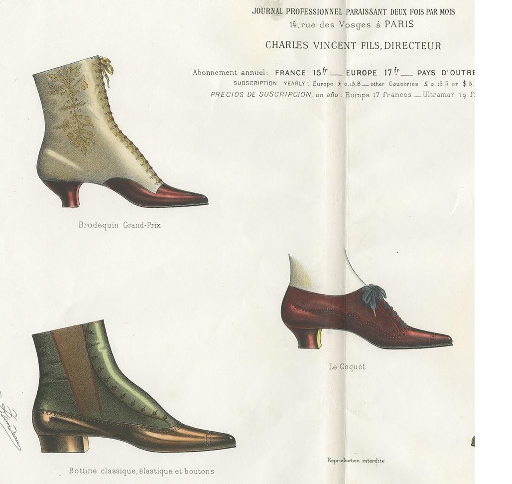 Antique Fashion Print of Shoe Designs Published in July, 1890 In Good Condition In Langweer, NL