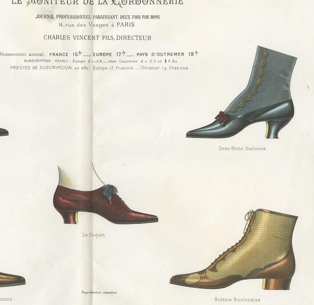 19th Century Antique Fashion Print of Shoe Designs Published in July, 1890