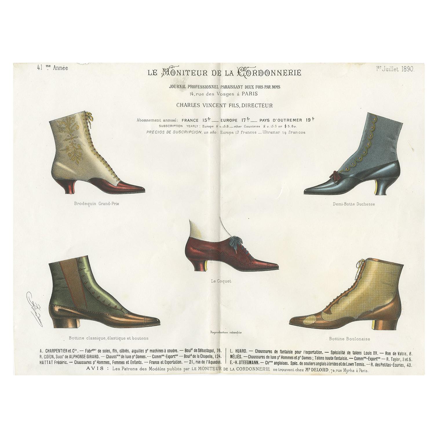Antique Fashion Print of Shoe Designs Published in July, 1890