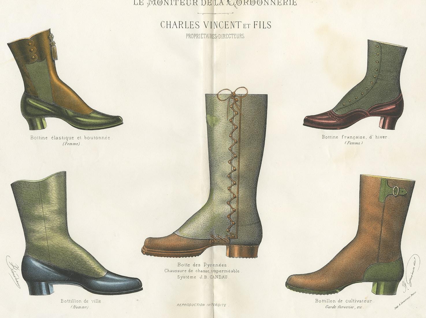 Beautiful hand colored lithograph of various shoe designs. Published in 1887 for 'Le Moniteur de la Cordonnerie', a trade catalogue of Parisian shoe designers/suppliers. Centre fold as issued.