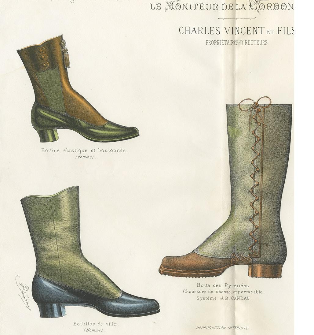 Antique Fashion Print of Shoe Designs Published in October, 1887 In Good Condition In Langweer, NL