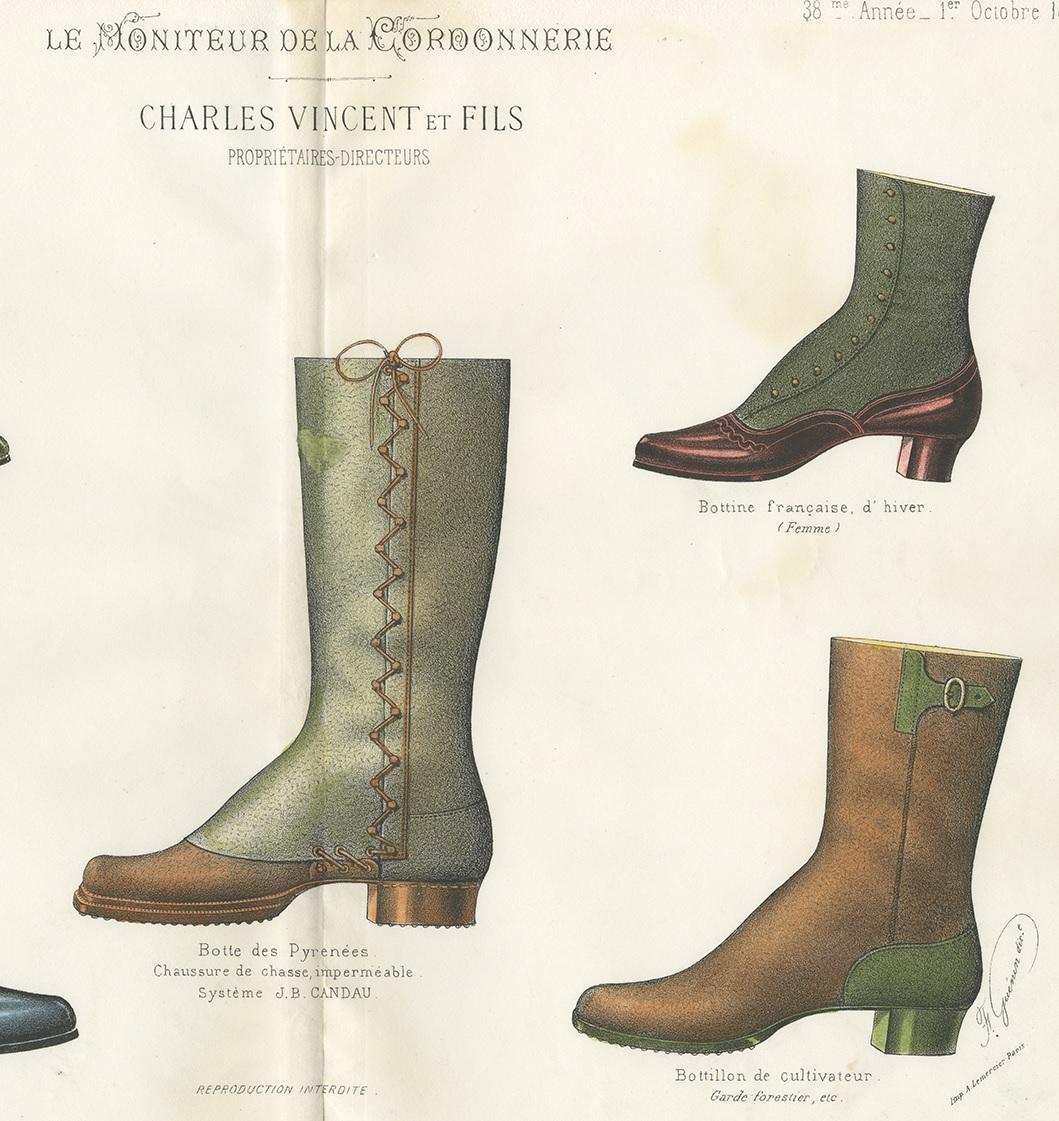 19th Century Antique Fashion Print of Shoe Designs Published in October, 1887