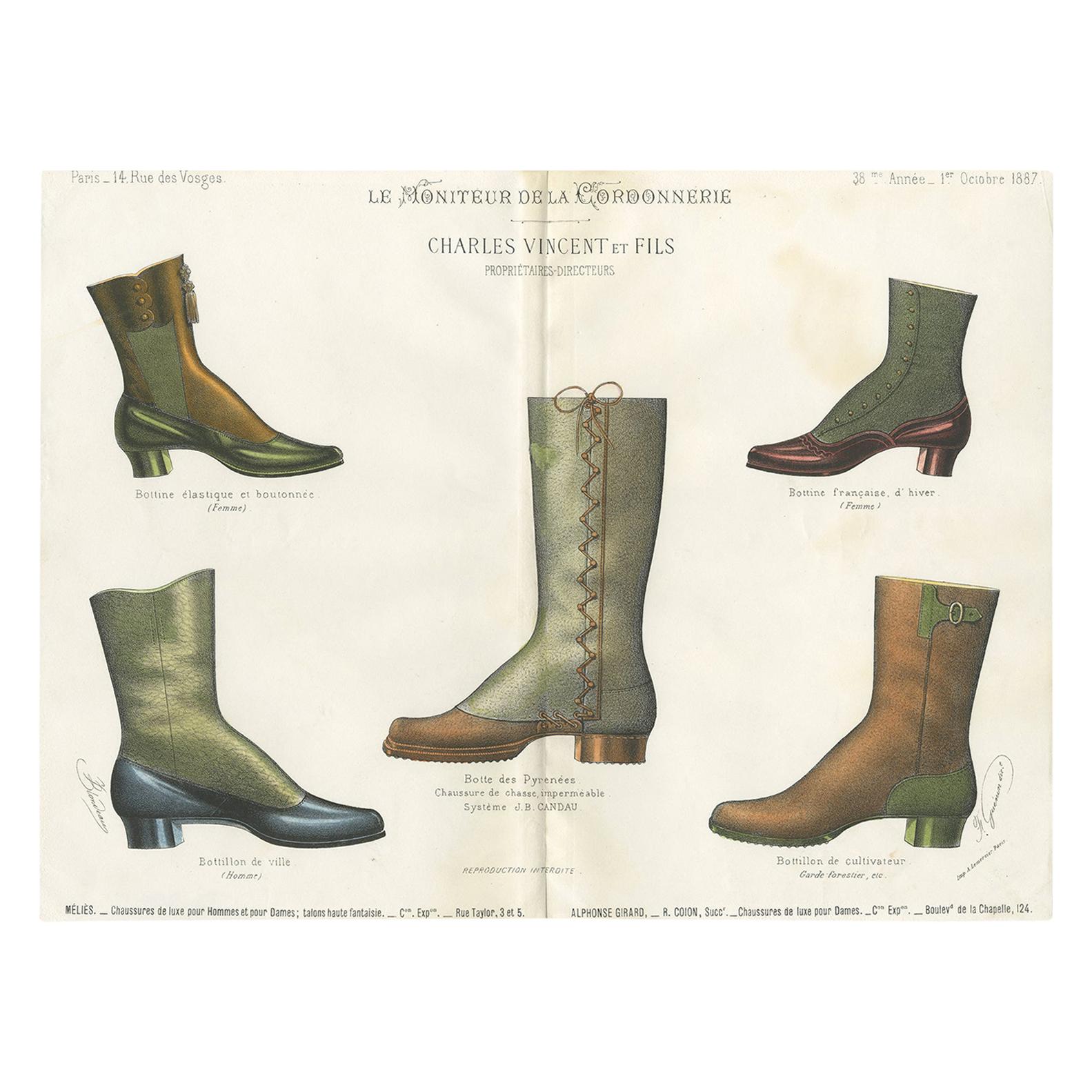 Antique Fashion Print of Shoe Designs Published in October, 1887