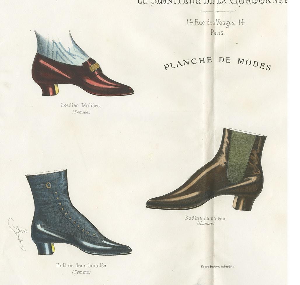 Antique Fashion Print of Shoe Designs Published in September, 1888 In Good Condition In Langweer, NL