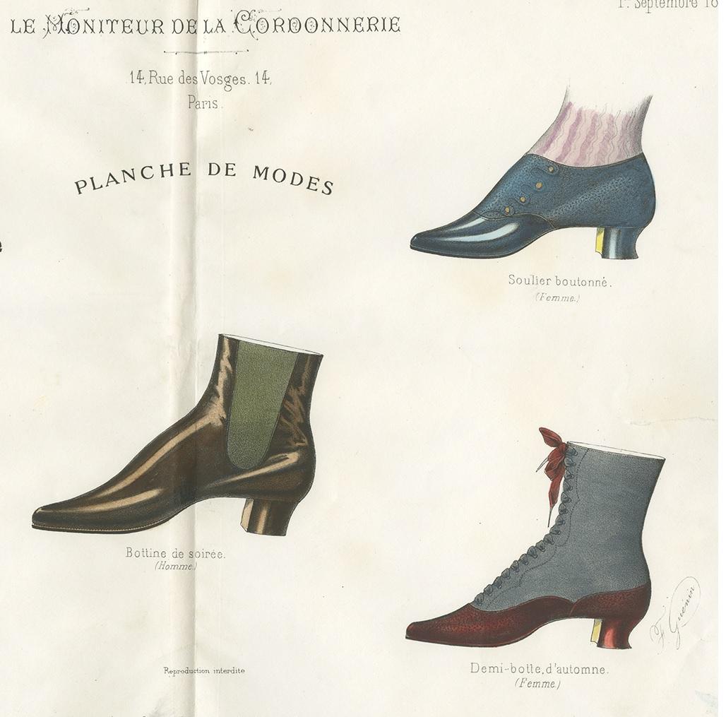 19th Century Antique Fashion Print of Shoe Designs Published in September, 1888