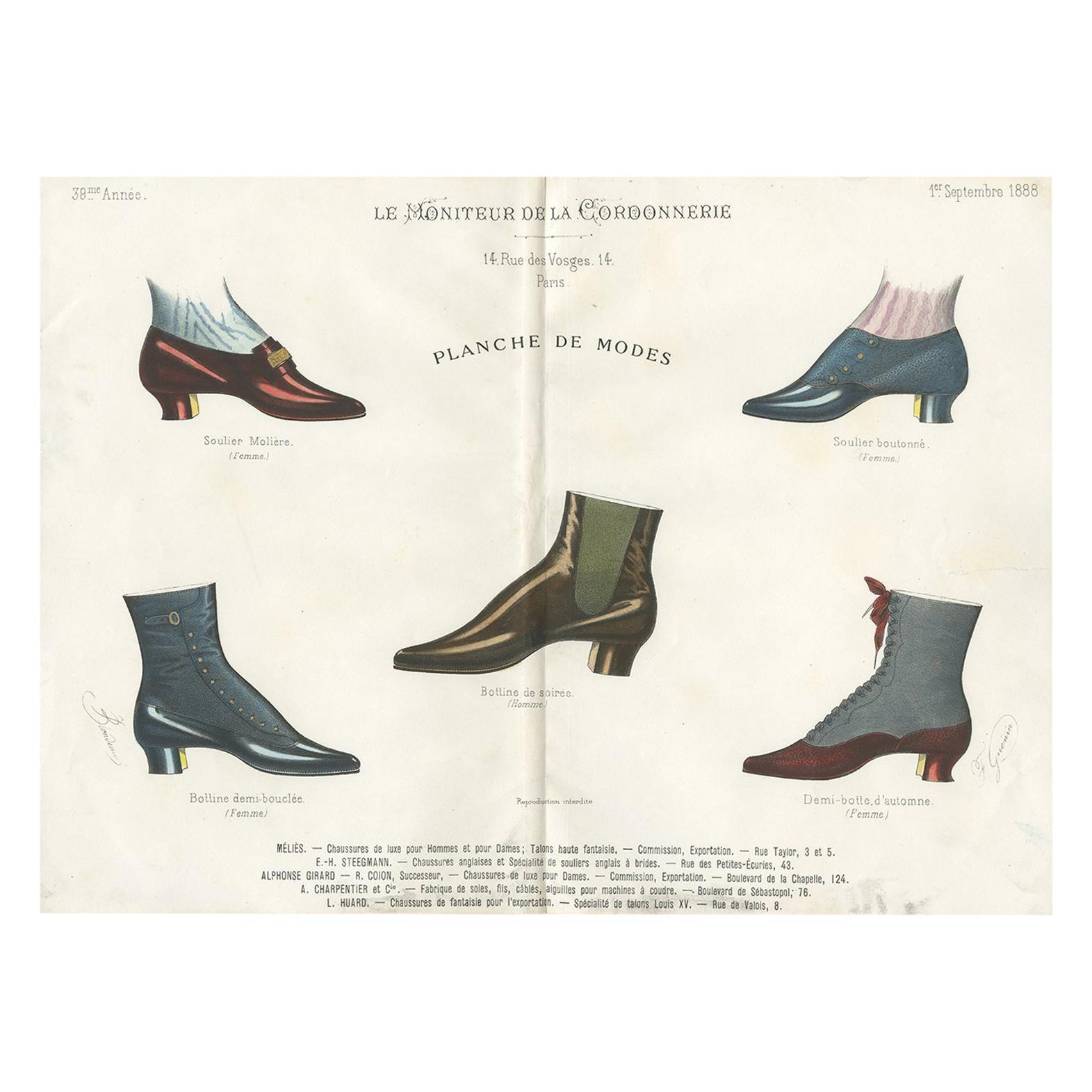 Antique Fashion Print of Shoe Designs Published in September, 1888