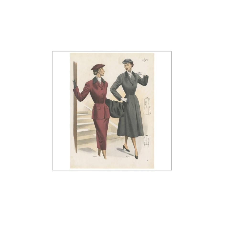 Impression de mode/costume sans titre. Cette estampe provient de Ladies Styles, publié à l'hiver 1952. Publié par Sogra, Editions de Mode, Vienne.