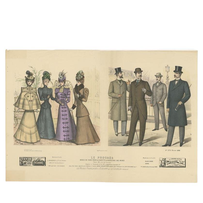 Antique Fashion Print Published in February, 1898 For Sale