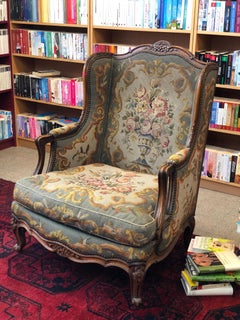 Antique Fauteuil Bergere Carved Wood Wingback Tapestry Lounge Armchair, France
