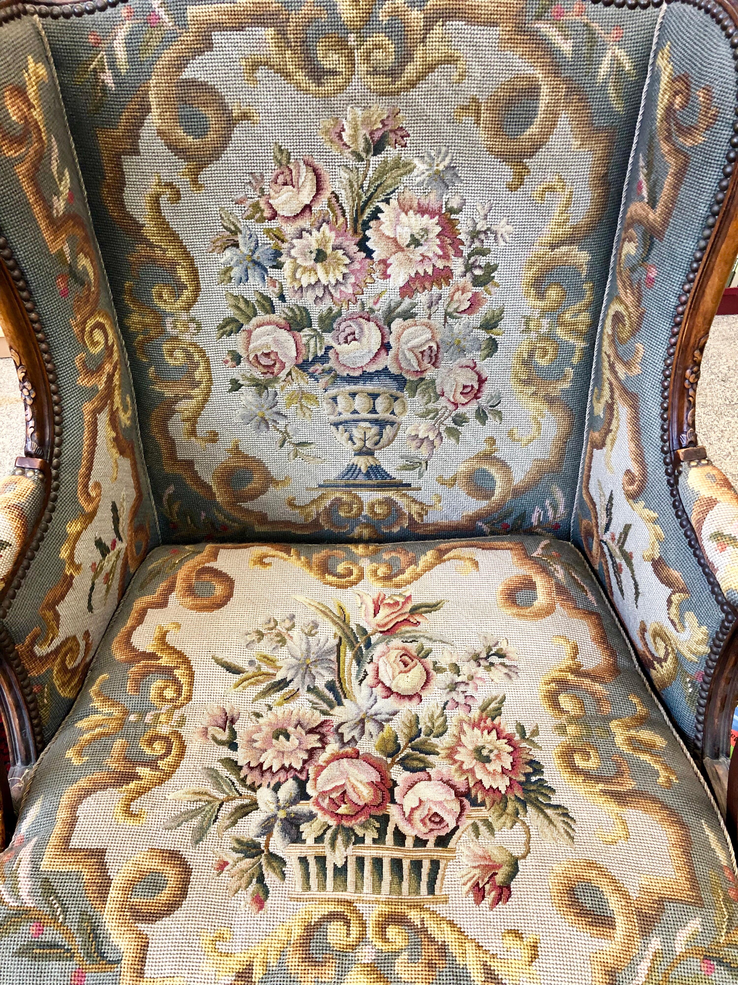 Fauteuil Bergère ancien en bois sculpté:: tapisserie:: France 2