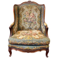 Antique Fauteuil Bergere Carved Wood Wingback Tapestry Lounge Armchair, France
