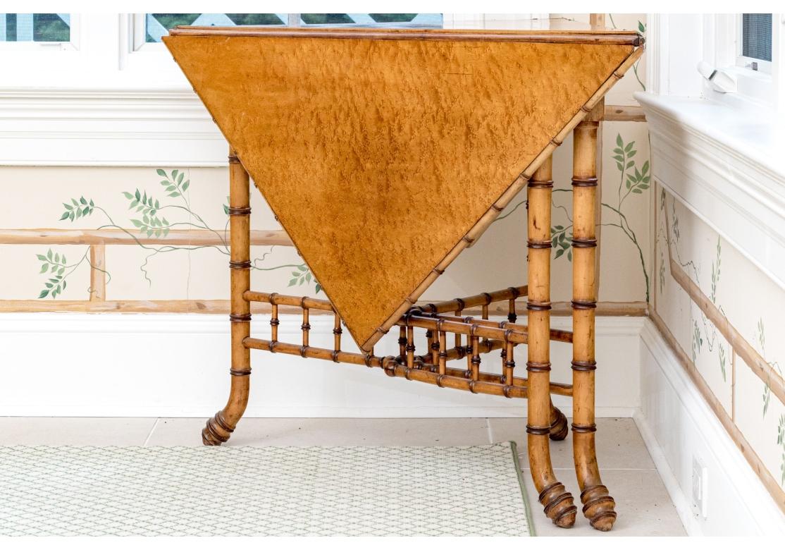 19th Century Antique Faux Bamboo And Birdseye Maple Triangular Drop Leaf Gate Leg Table For Sale