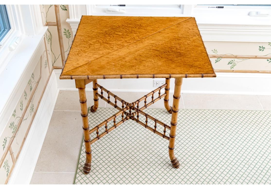 Antique Faux Bamboo And Birdseye Maple Triangular Drop Leaf Gate Leg Table For Sale 3