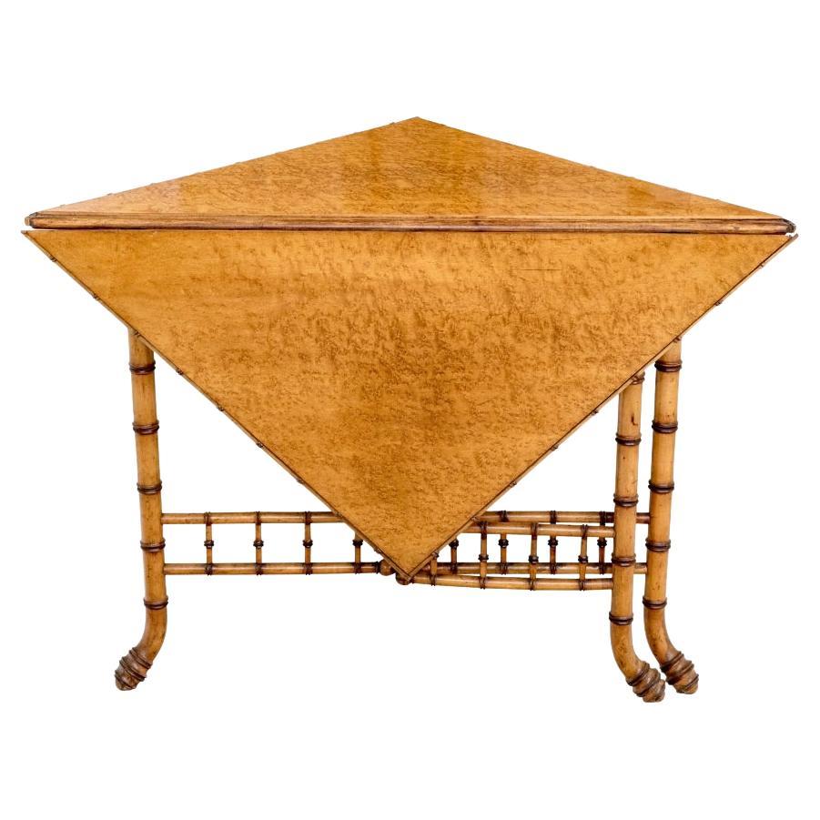 Antique Faux Bamboo And Birdseye Maple Triangular Drop Leaf Gate Leg Table For Sale