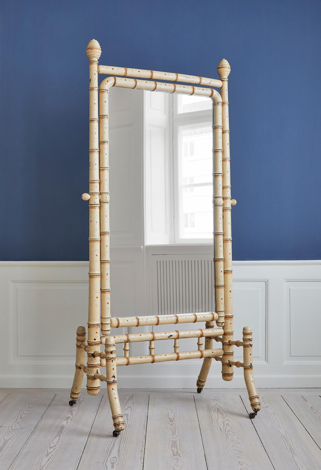 Charming antique painted faux bamboo cheval mirror from England, late 19th century.

  