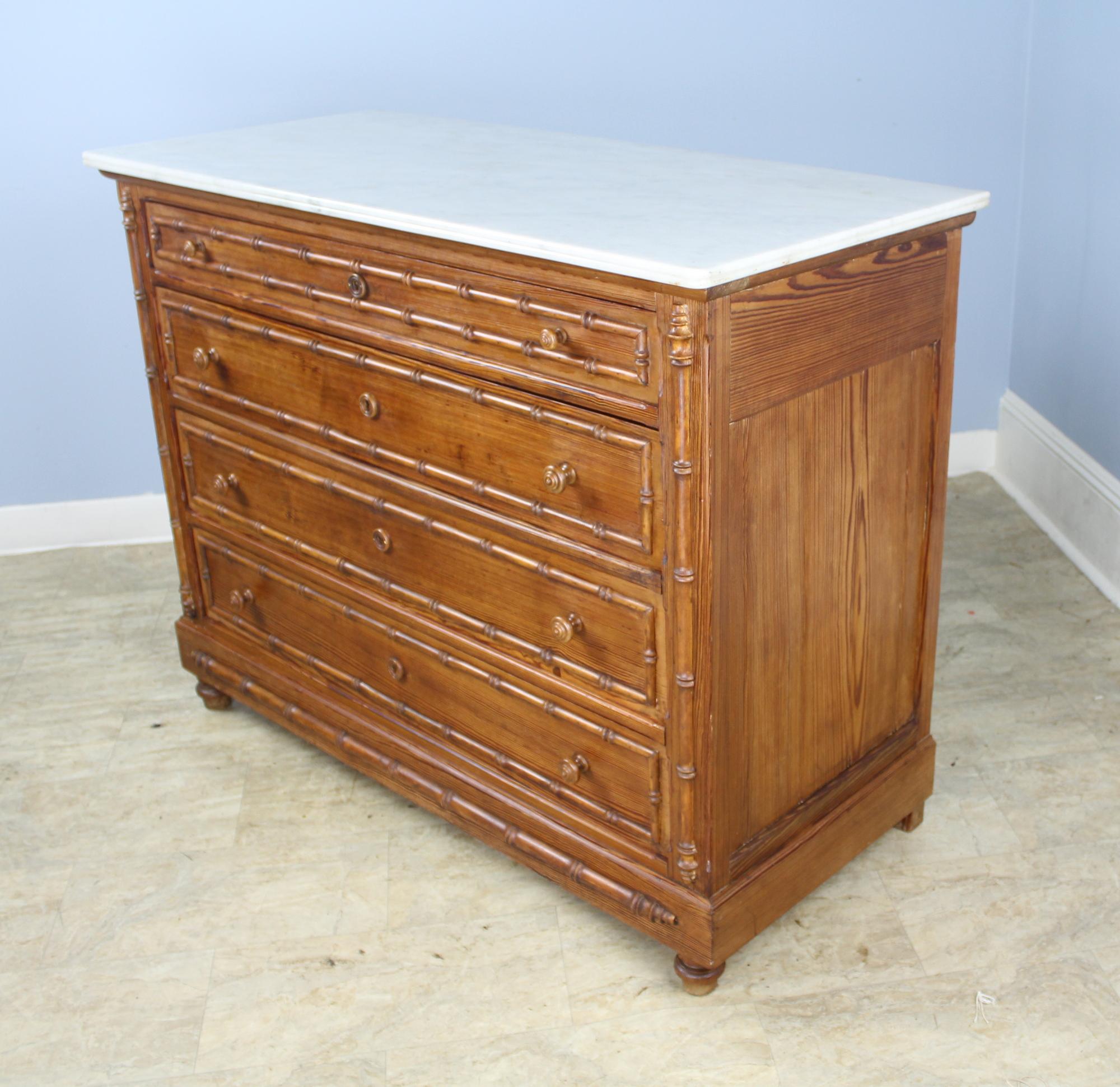 English Antique Faux Bamboo Commode with Original White Marble Top