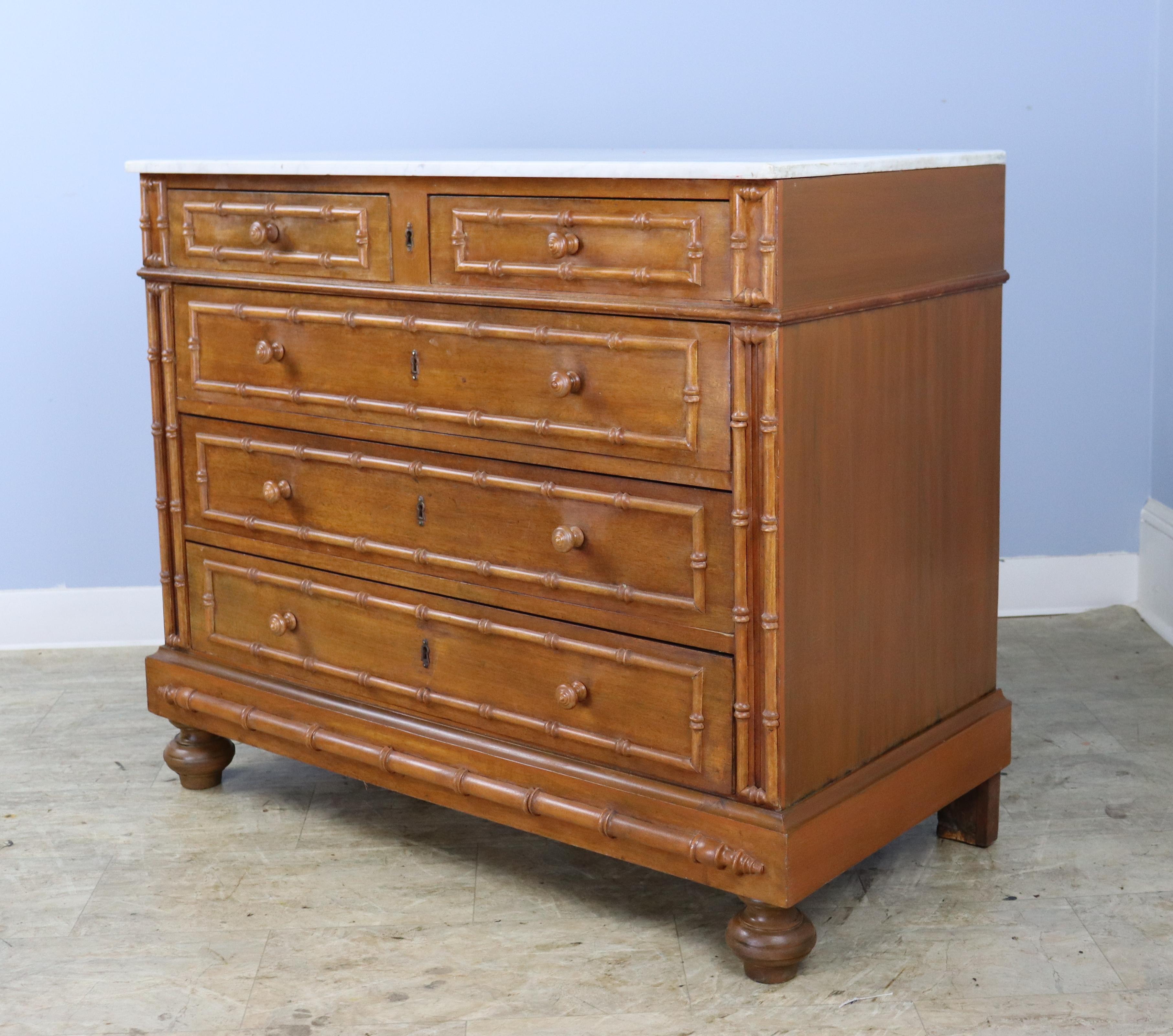 Antique Faux Bamboo Commode with White Marble Top In Good Condition For Sale In Port Chester, NY