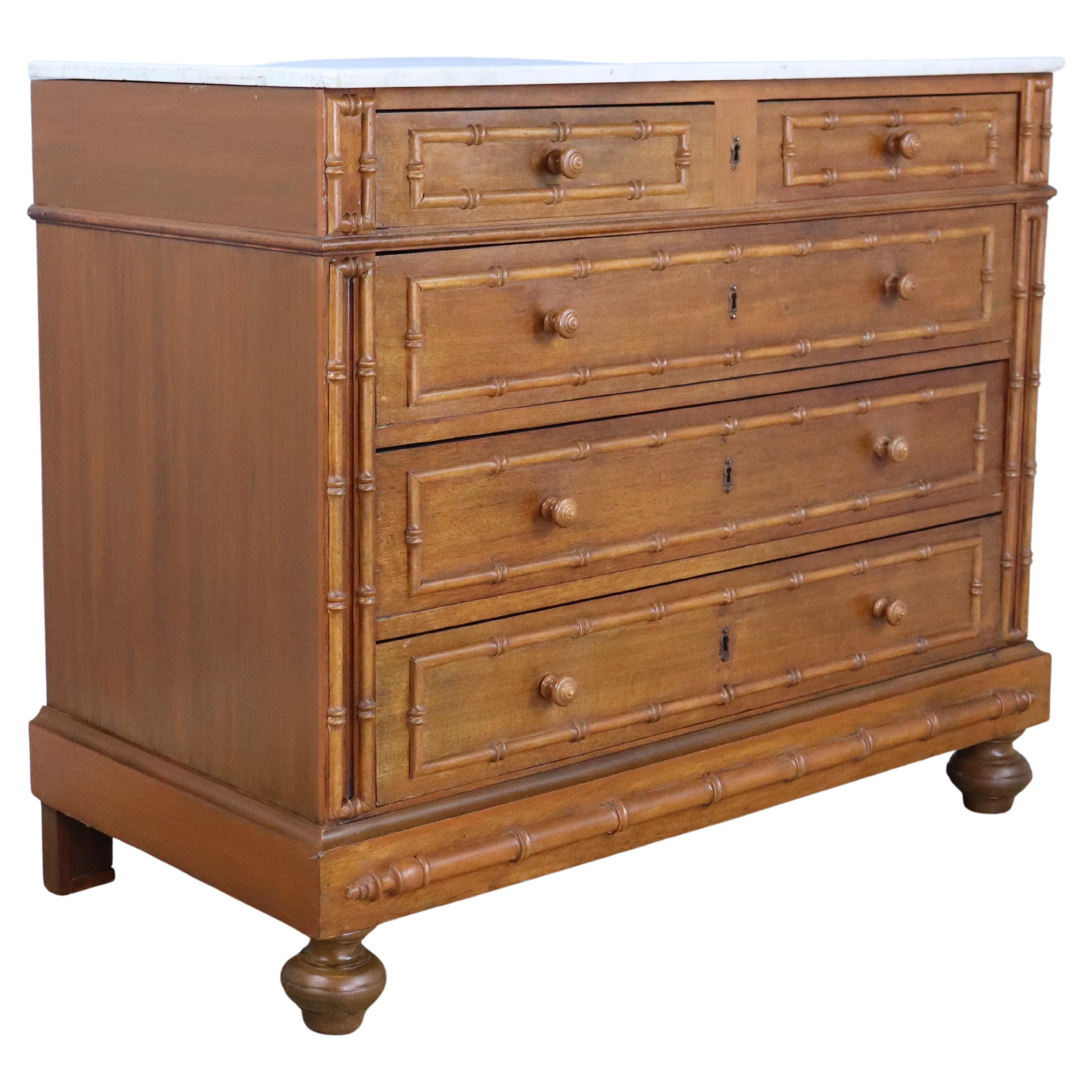 Antique Faux Bamboo Commode with White Marble Top For Sale