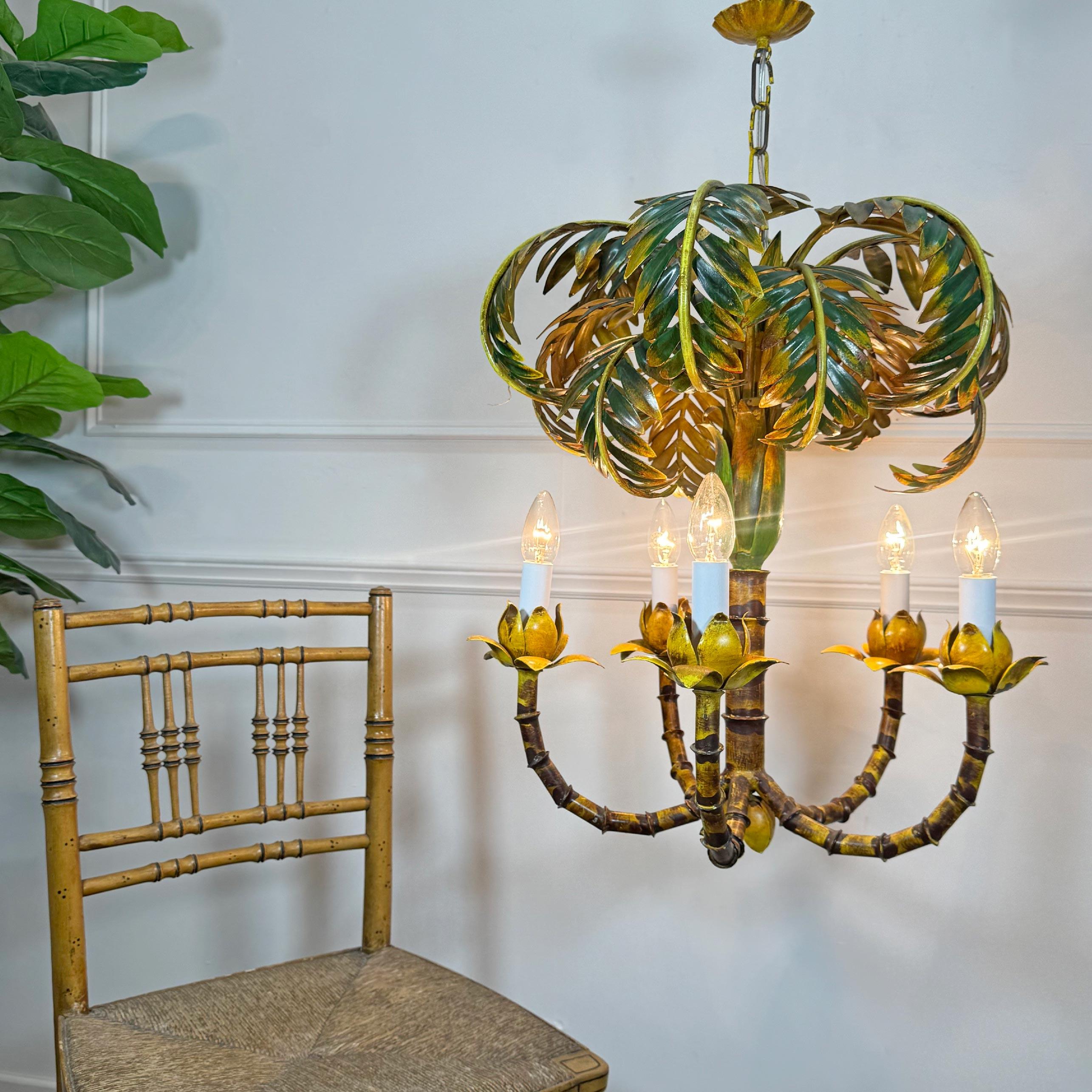 Francese Lampadario antico a foglie di palma in finto bambù in vendita