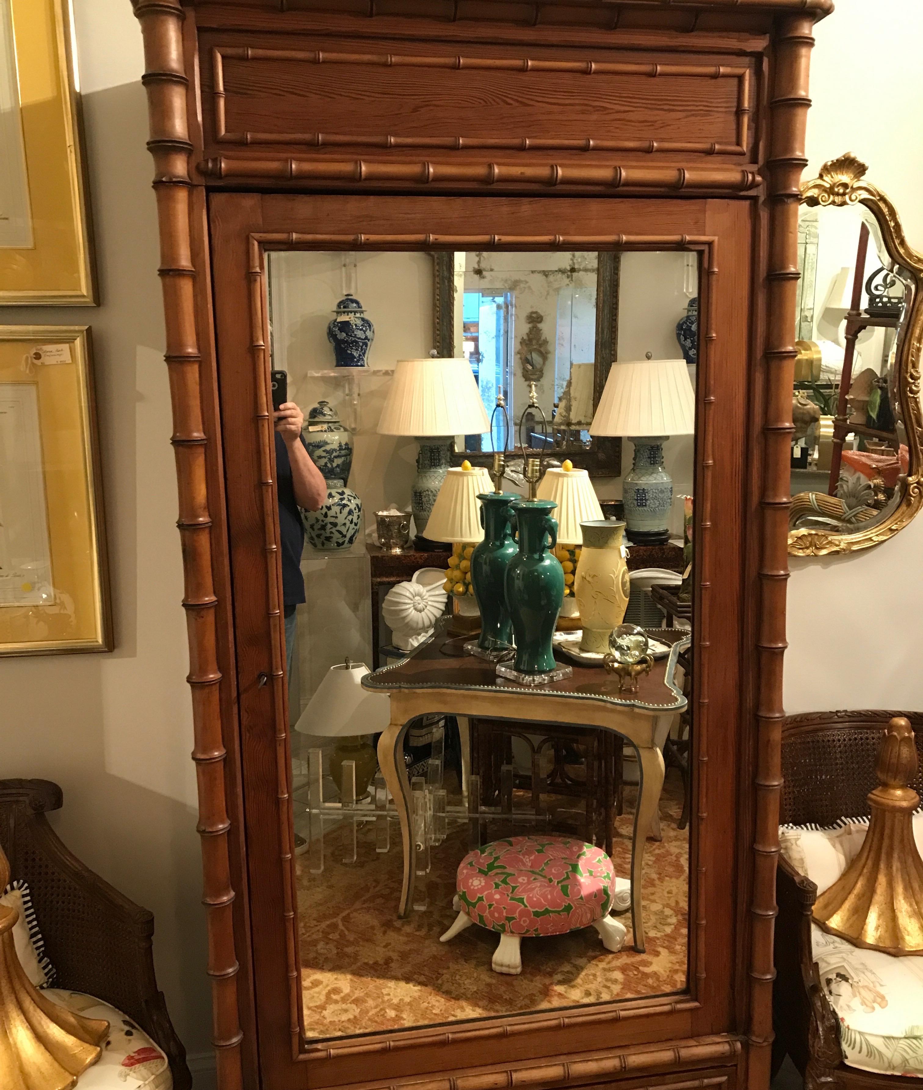 19th century faux bamboo single mirrored door cupboard / armoire with interior wood adjustable shelves.