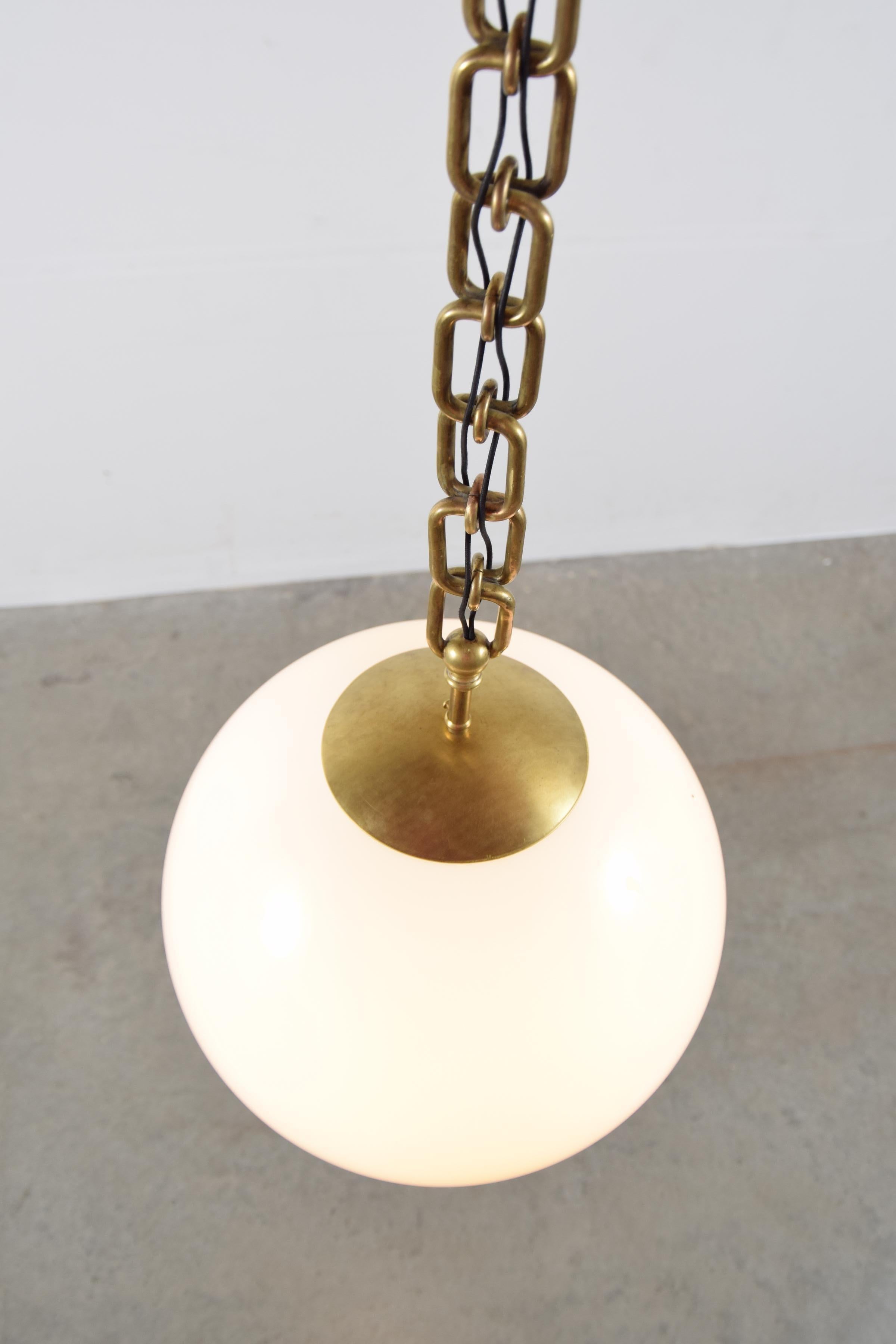 American Antique Faux Brass Chain and Milk Glass Sphere Pendant Light
