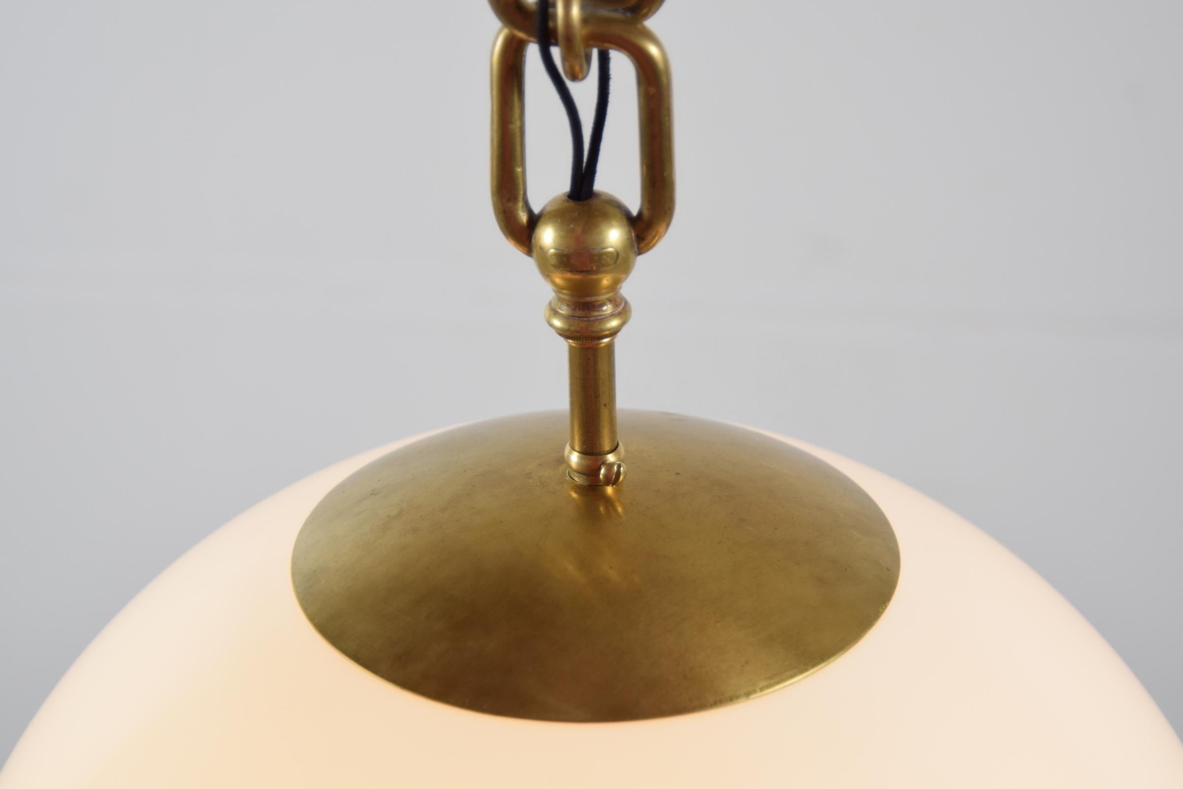 Antique Faux Brass Chain and Milk Glass Sphere Pendant Light In Good Condition In Providence, RI