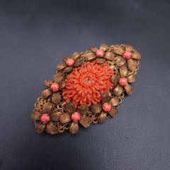 Antique Faux Coral Floral Pin in Brass Tone, Prong Set Beads and Flower Motifs