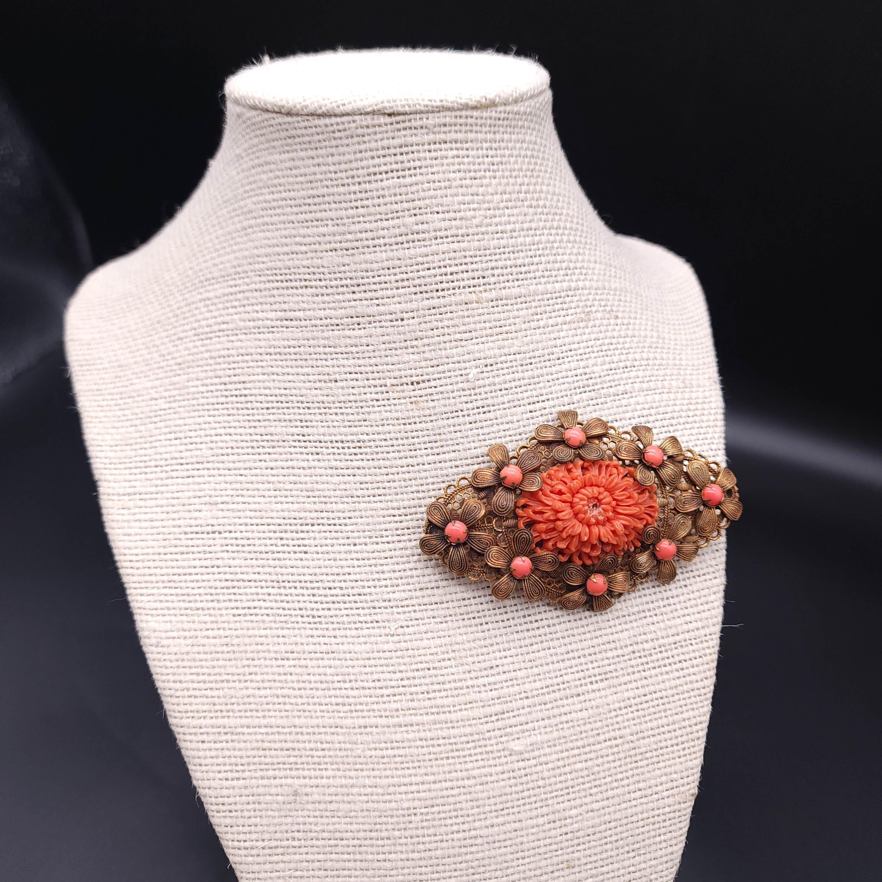 Women's or Men's Antique Faux Coral Floral Pin in Brass Tone, Prong Set Beads and Flower Motifs For Sale