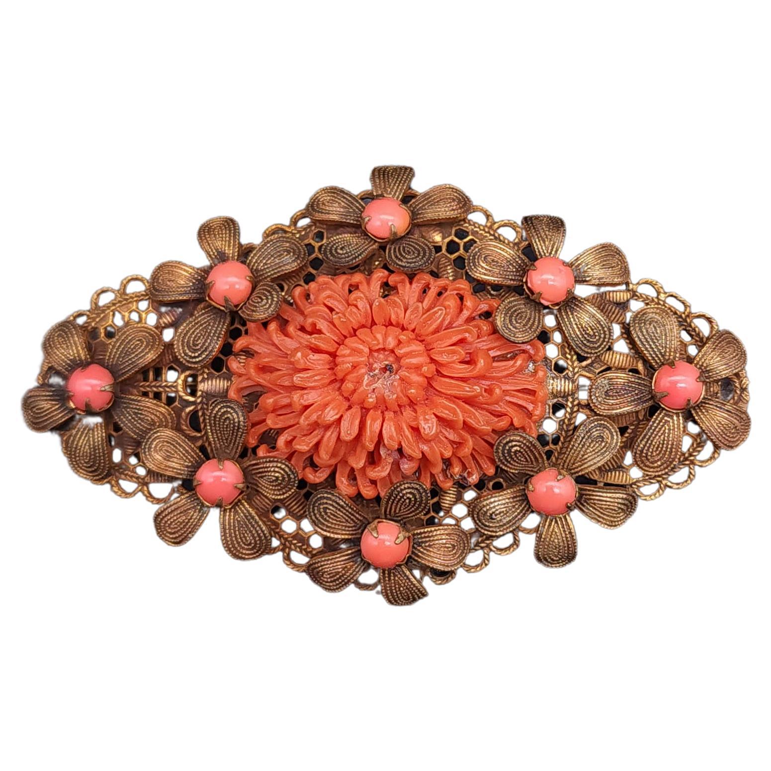 Antique Faux Coral Floral Pin in Brass Tone, Prong Set Beads and Flower Motifs For Sale