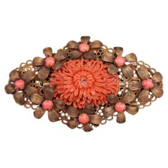 Used Faux Coral Floral Pin in Brass Tone, Prong Set Beads and Flower Motifs