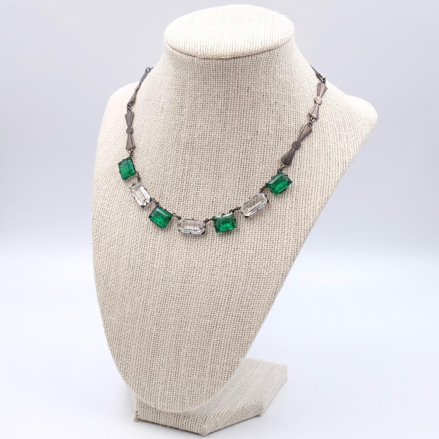 Women's or Men's Antique Faux Emerald Necklace Art Deco Necklace 1930's For Sale