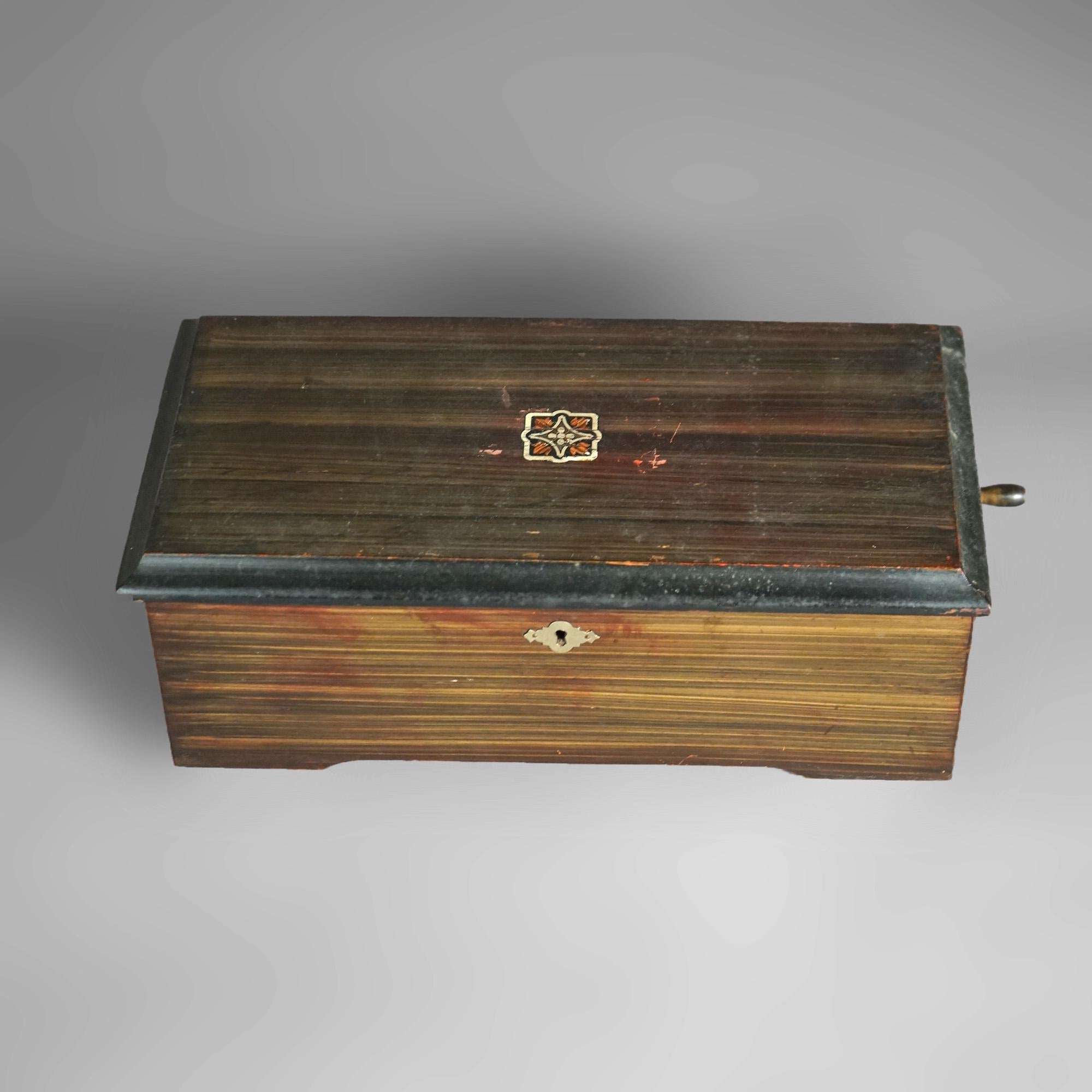 Hand-Painted Antique Faux Grain Painted Swiss Six-Tune Music Box with Tune Card Circa 1890