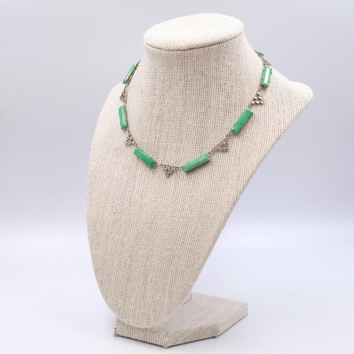 Antique Faux Jade Necklace with rhinestones Art Deco 1930's In Good Condition In Austin, TX
