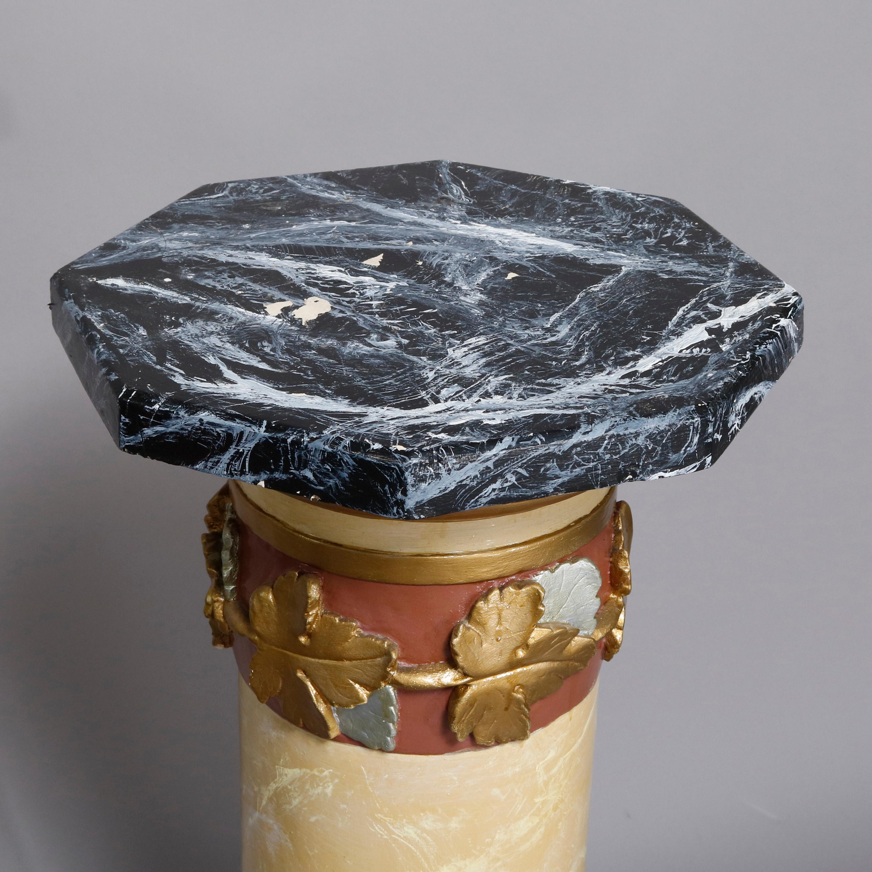 An antique cast plaster Corinthian column sculpture display pedestal offers hand decorated faux marble finish with gilt leaves and collars, circa 1920

***DELIVERY NOTICE – Due to COVID-19 we are employing NO-CONTACT PRACTICES in the transfer of