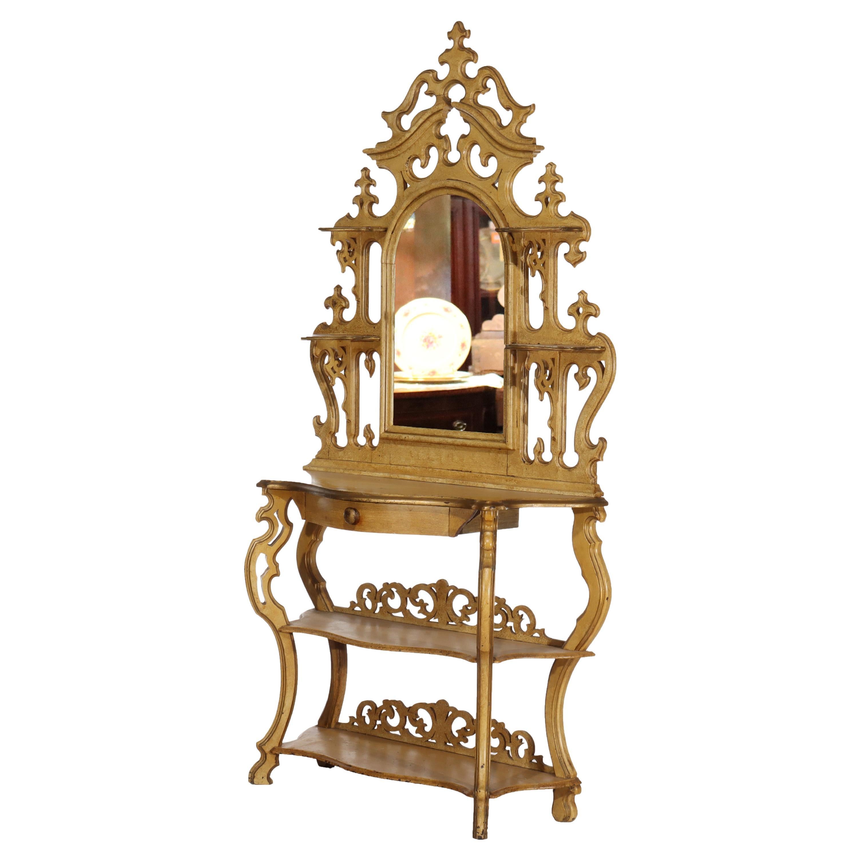 Antike Faux gemalt geschnitzt Nussbaum Etagere mit Spiegel C1890 im Angebot