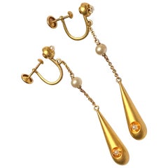 Antique Faux Pearl Stamped 10 Karat Yellow Gold Screw Bck Drop Earrings