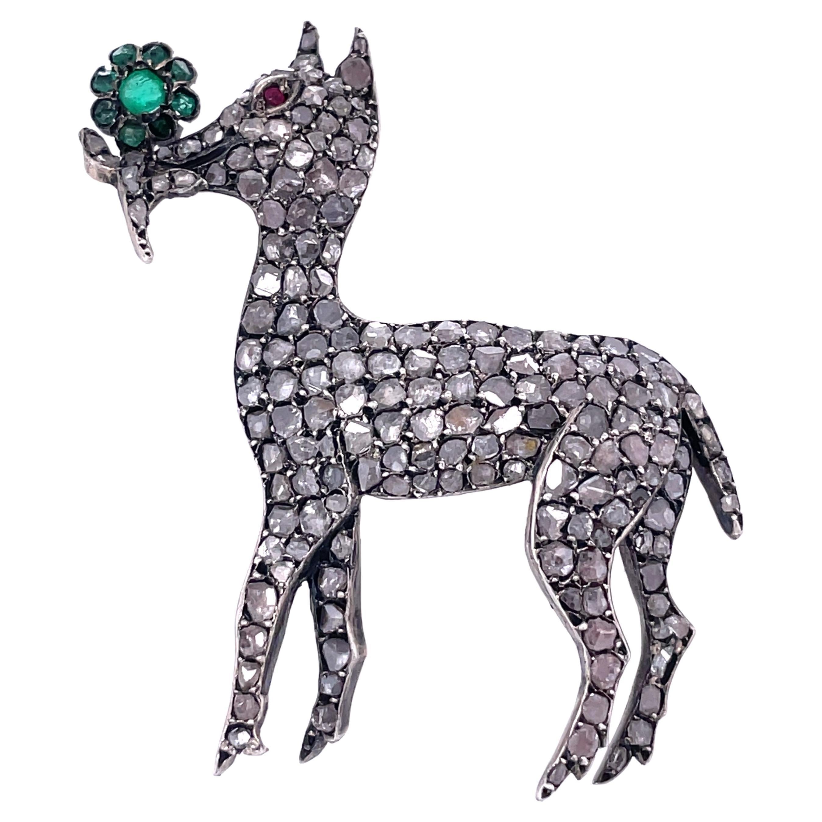 Antique Fawn Brooch with Rose Cut Diamonds and Rose Cut Emeralds