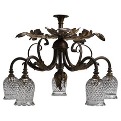 Antike F. & C. Osler 5-Arm-Deckenleuchte aus gealtertem Messing Geschliffene Glasschirme