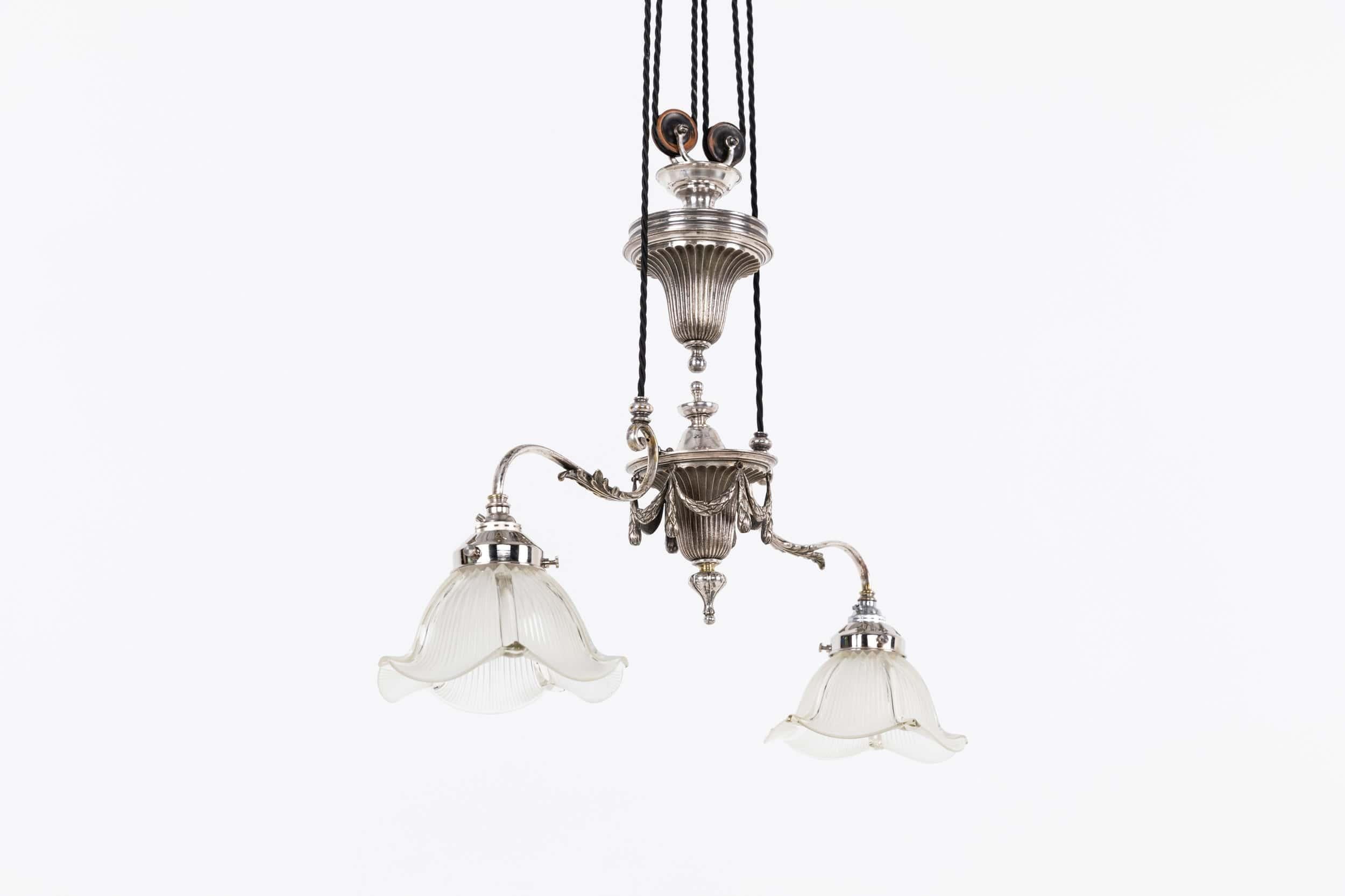 Antique F&C Osler Rise & Fall Holophane Glass Ceiling Light Lamp, c.1920 3