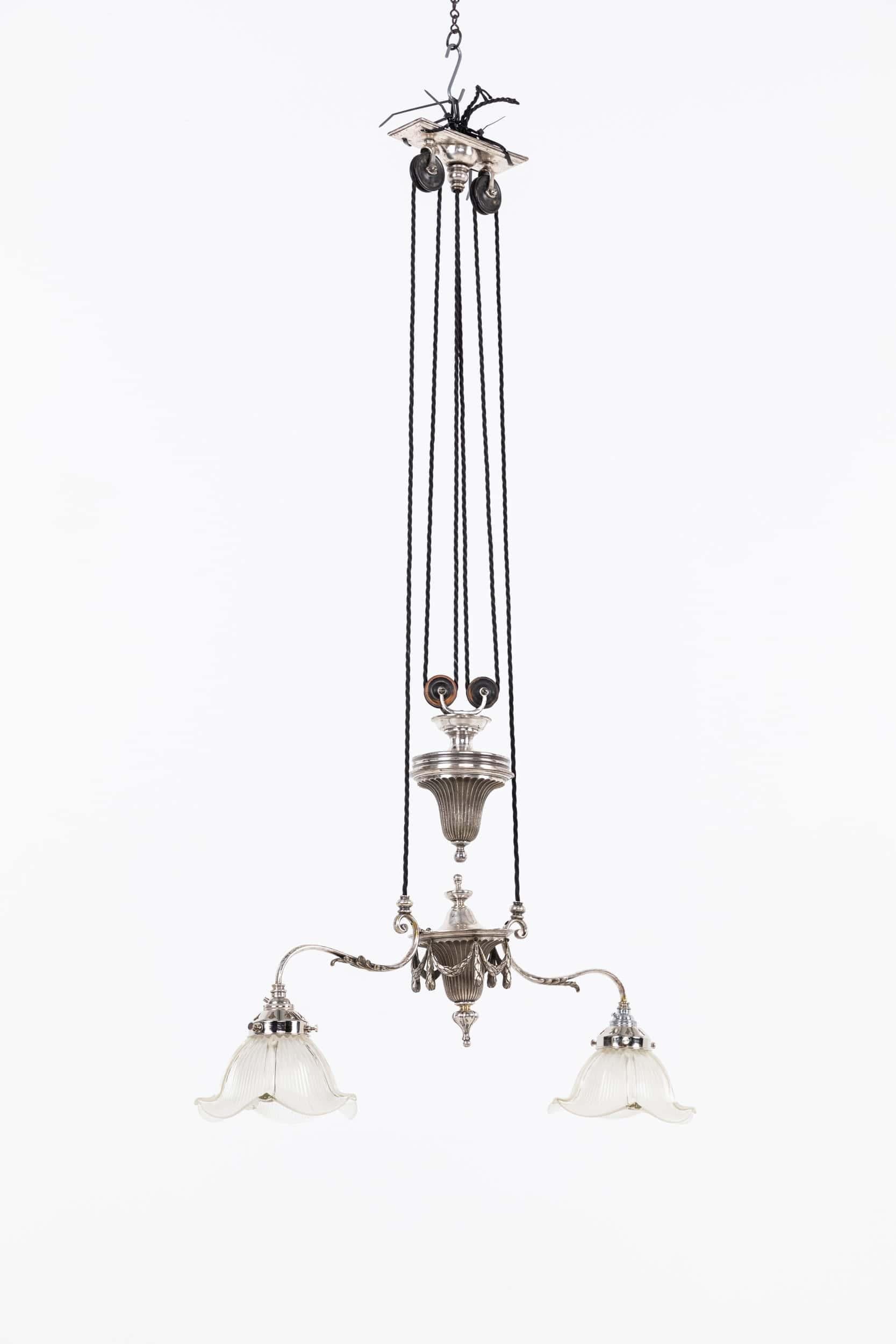 English Antique F&C Osler Rise & Fall Holophane Glass Ceiling Light Lamp, c.1920