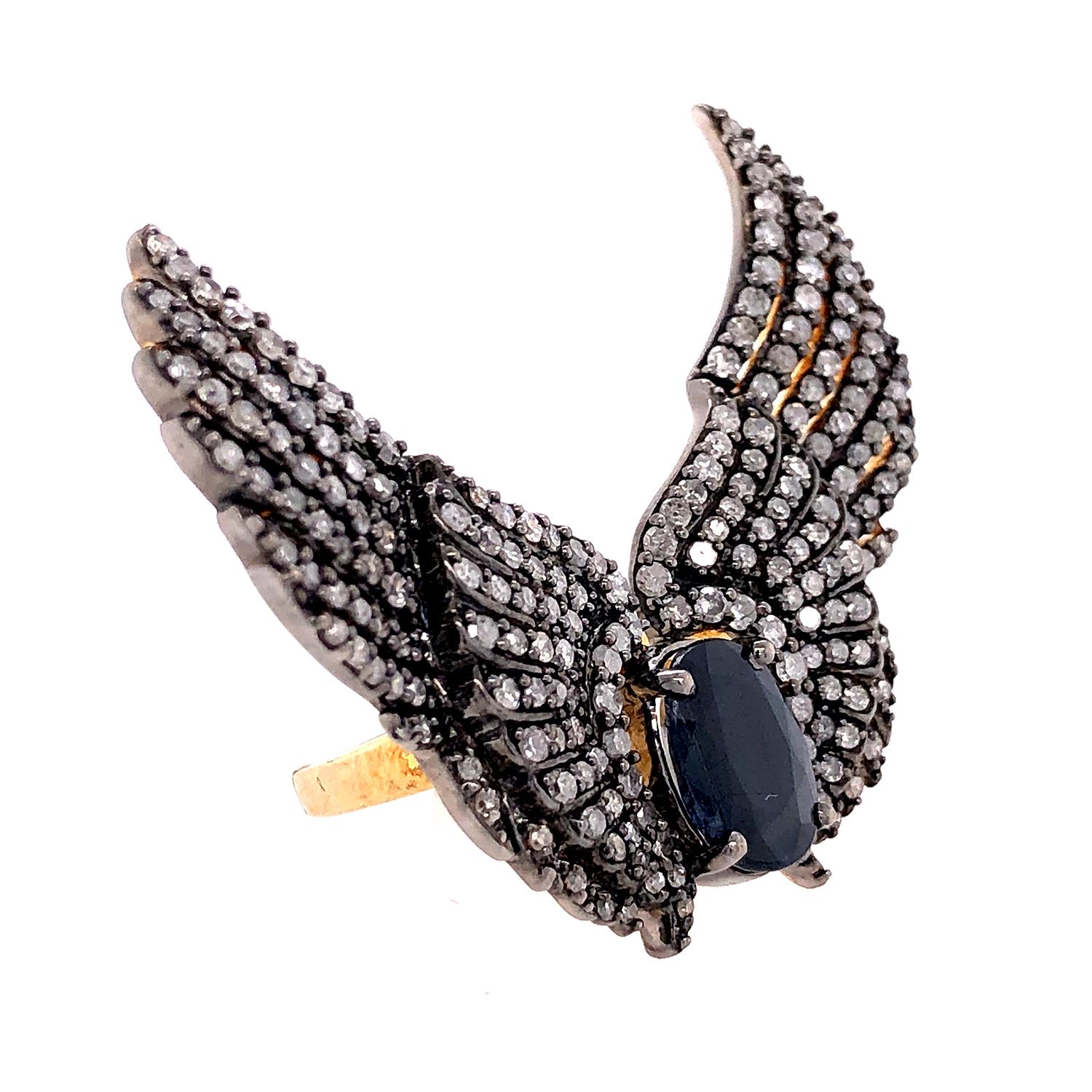 Artisan Antique Feather Ring With Pave Diamond & Sapphire Made In Silver For Sale