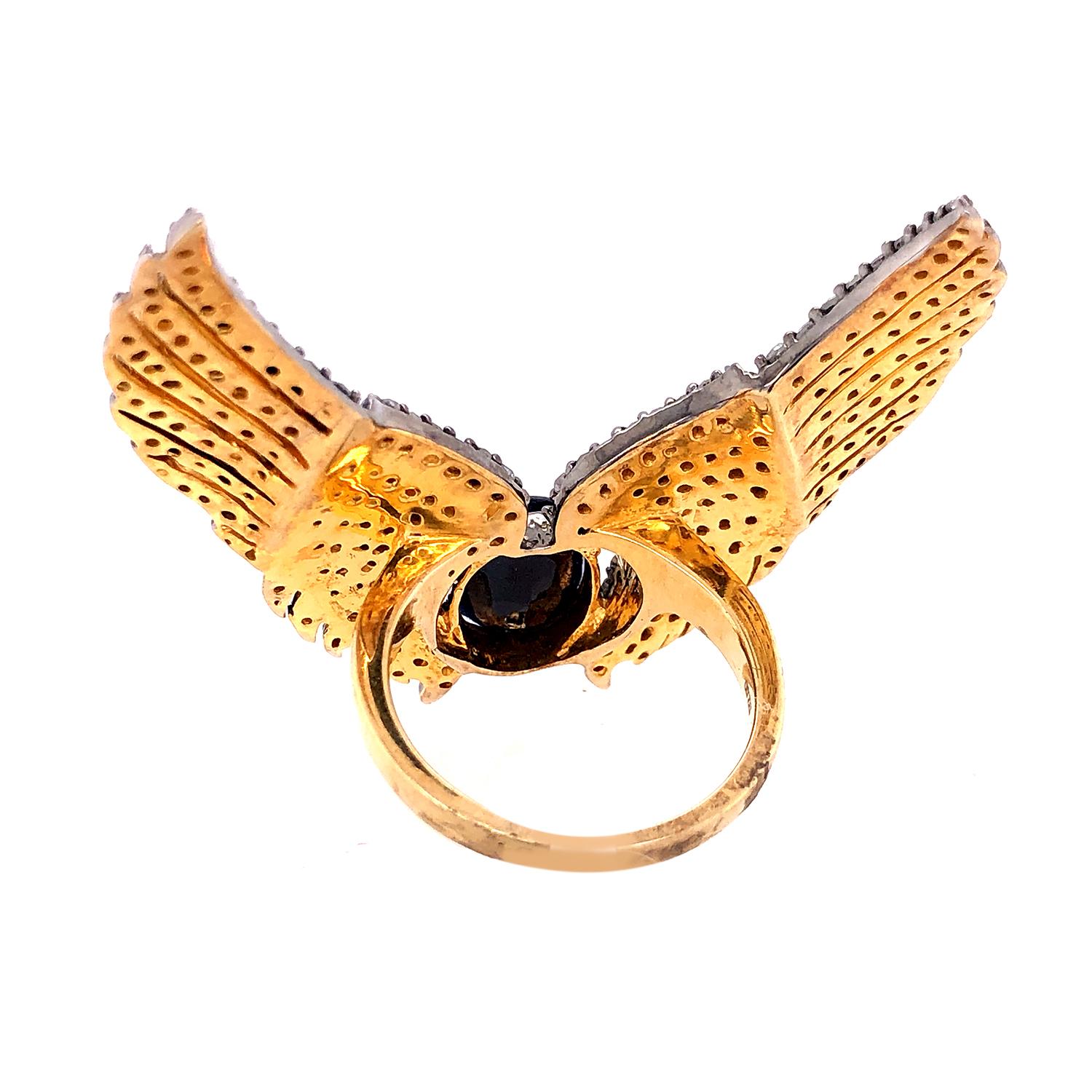 Mixed Cut Antique Feather Ring With Pave Diamond & Sapphire Made In Silver For Sale