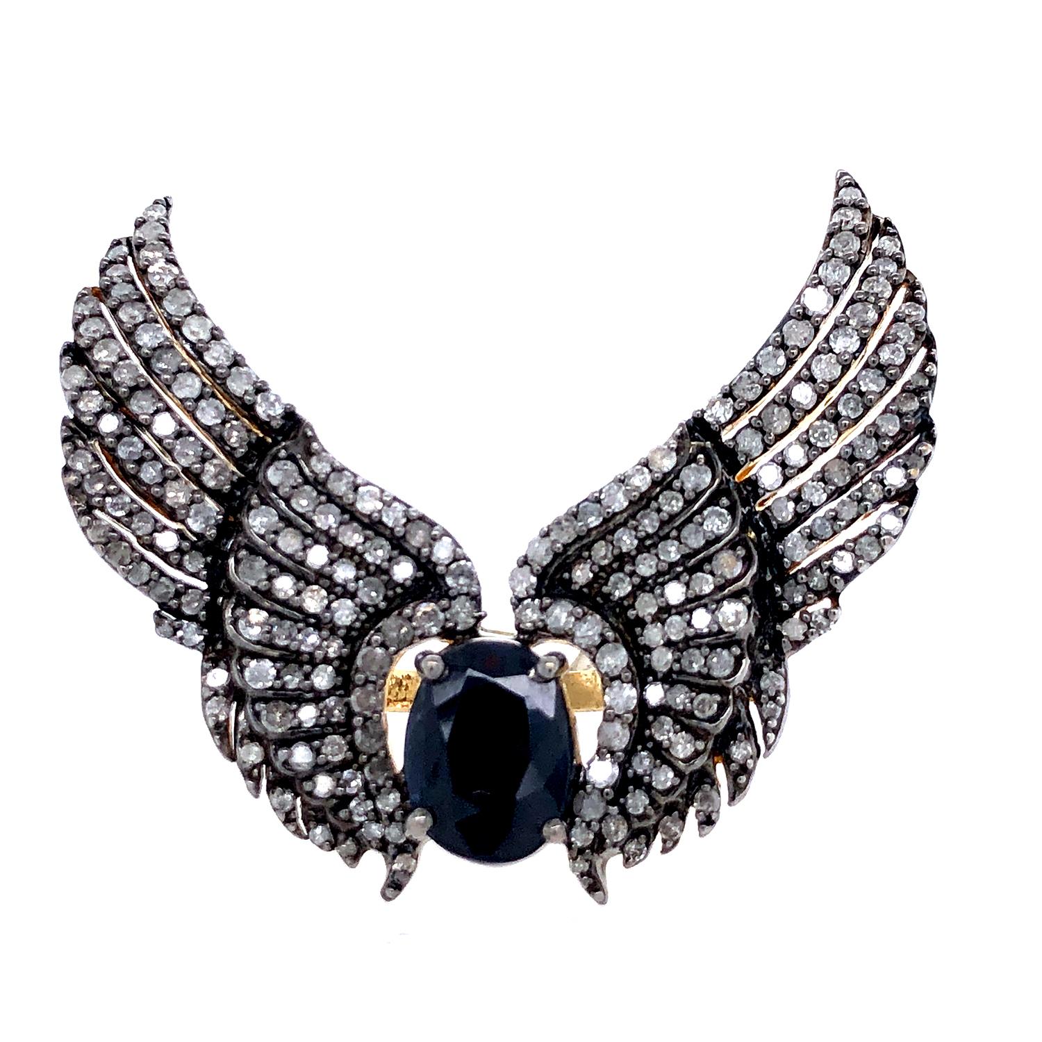 Antique Feather Ring With Pave Diamond & Sapphire Made In Silver In New Condition For Sale In New York, NY