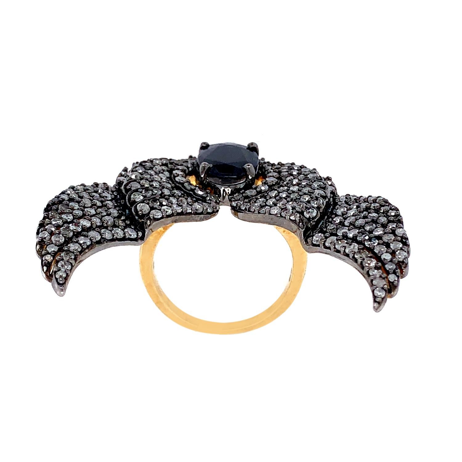 Women's Antique Feather Ring With Pave Diamond & Sapphire Made In Silver For Sale
