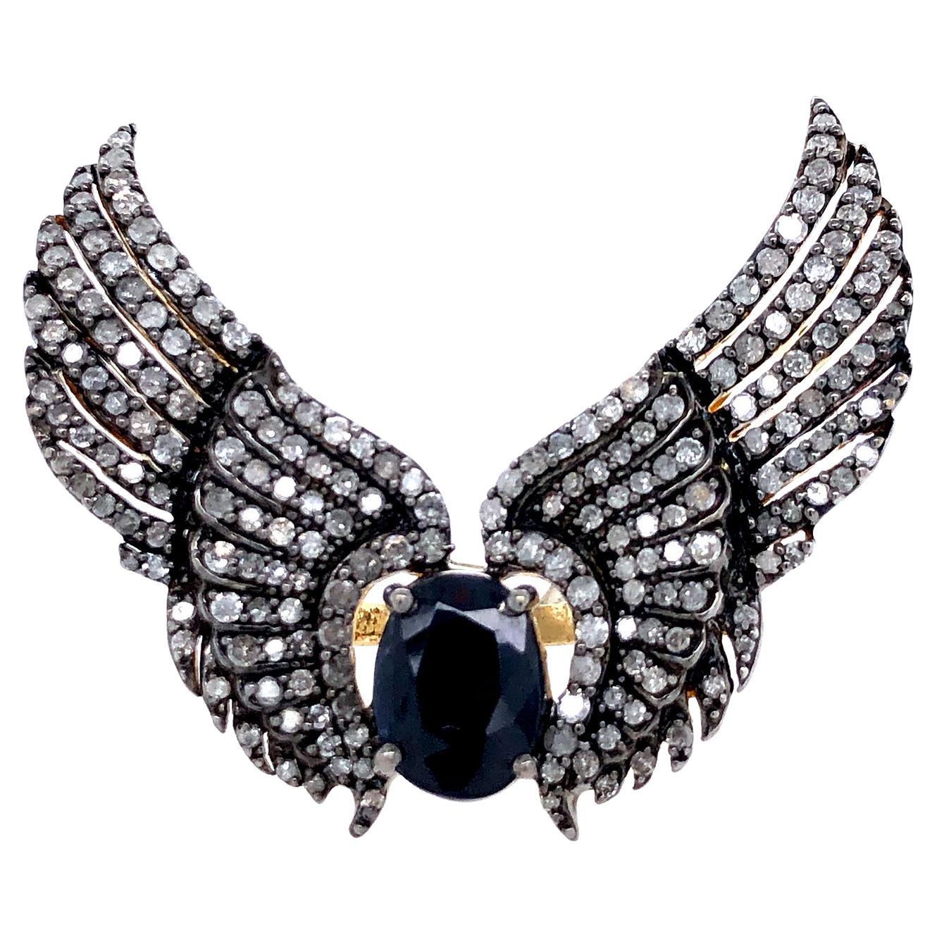 Antique Feather Ring With Pave Diamond & Sapphire Made In Silver