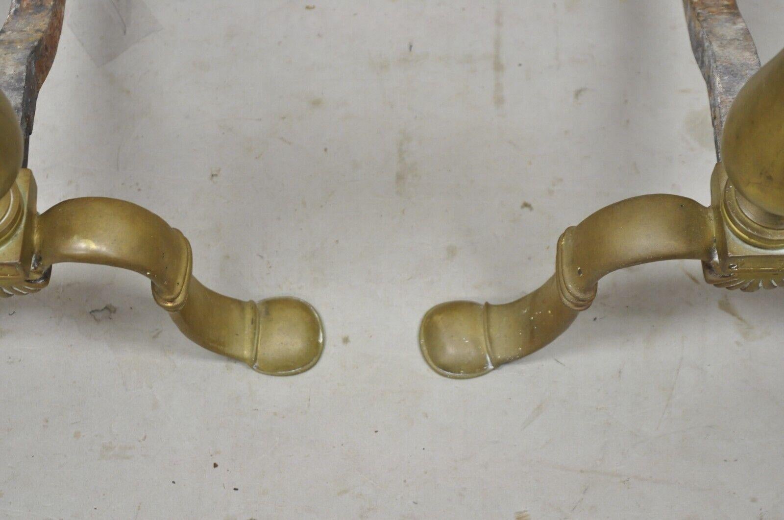 Antique Federal Brass Cannonball Cast Iron Fireplace Hearth Andirons, a Pair For Sale 6