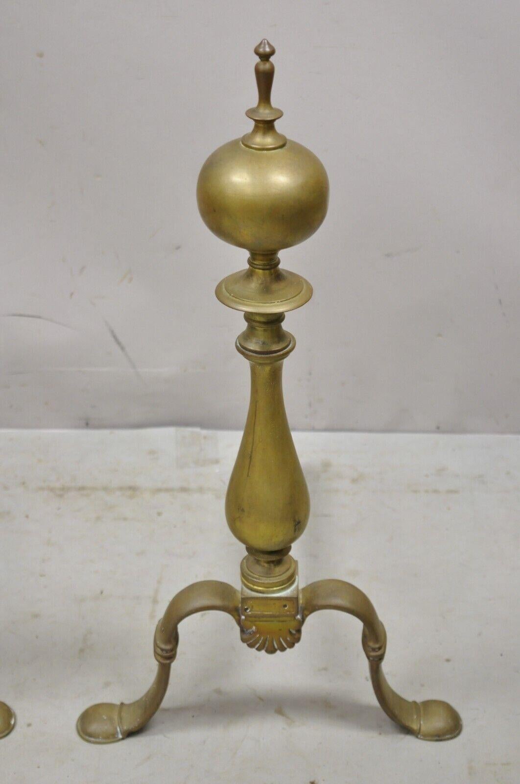 Antique Federal Brass Cannonball Cast Iron Fireplace Hearth Andirons, a Pair For Sale 7